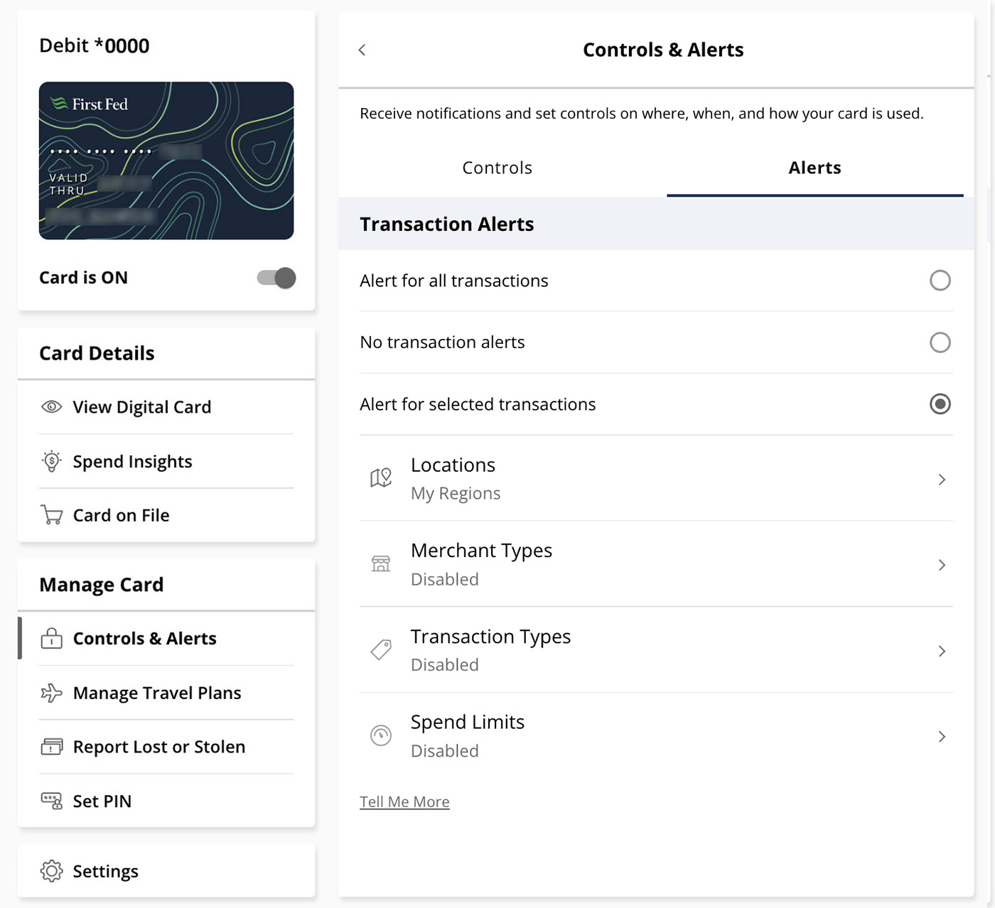 Card Hub Overview Screenshot of Card Management in online banking