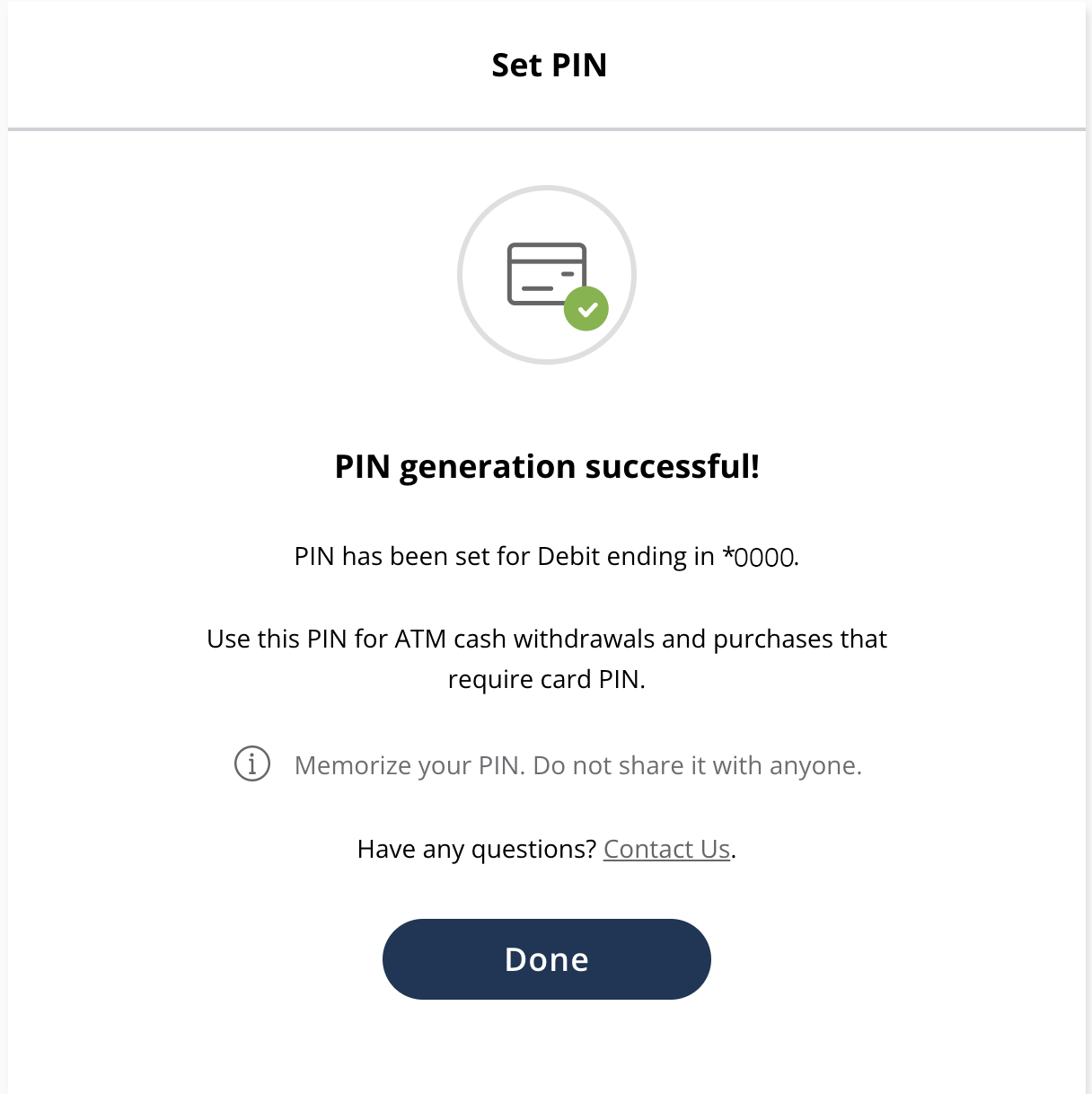 Card Hub New PIN successful Card Hub New PIN successful